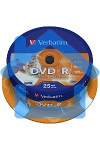 Диск DVD-R Verbatim 4.7Gb 16x Cake Box (25шт) Printable (43538)