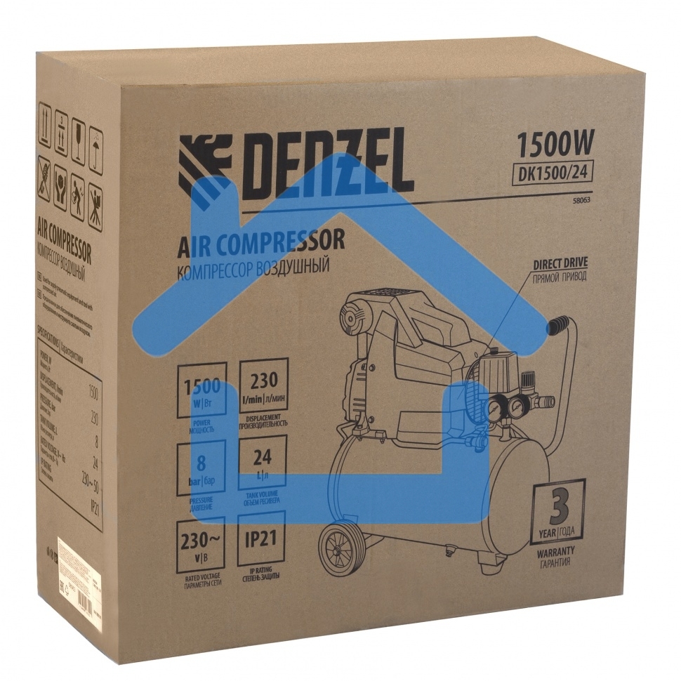 Компрессор Denzel воздушный DK1500/24,Х-PRO 1,5 кВт, 230 л/мин, 24 л 58063