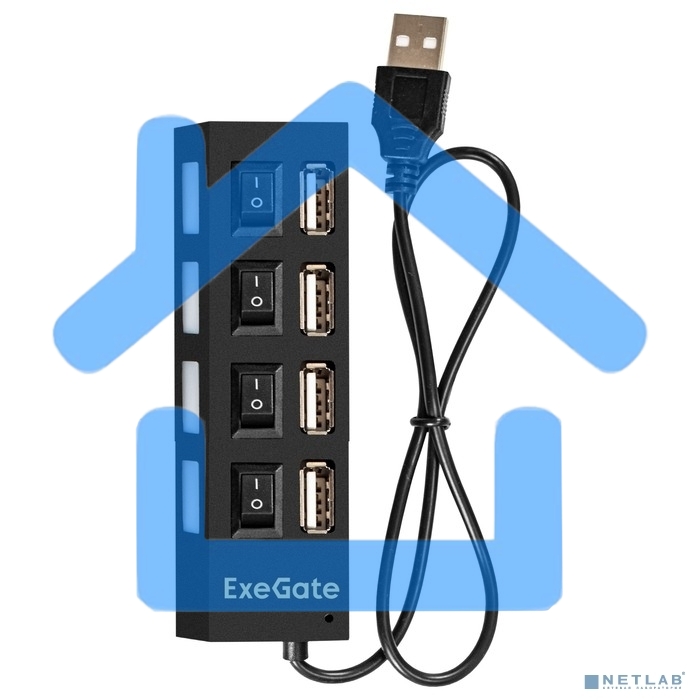 Хаб USB (концентратор) ExeGate EX293977RUS DUB-42SW (кабель-адаптер USB2.0 --> 4xUSB2.0, кнопки включения/отключения для каждого порта, Plug&Play, черный)