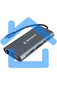 Док-станция Type-C Gembird UHB-D4, 10в1: 3xUSB3.1, Type-C PD87W, Jack 3.5, SD/TF, HDMI, RJ45, VGA, кабель 15см, алюминий