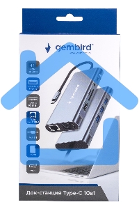 Док-станция Type-C Gembird UHB-D4, 10в1: 3xUSB3.1, Type-C PD87W, Jack 3.5, SD/TF, HDMI, RJ45, VGA, кабель 15см, алюминий