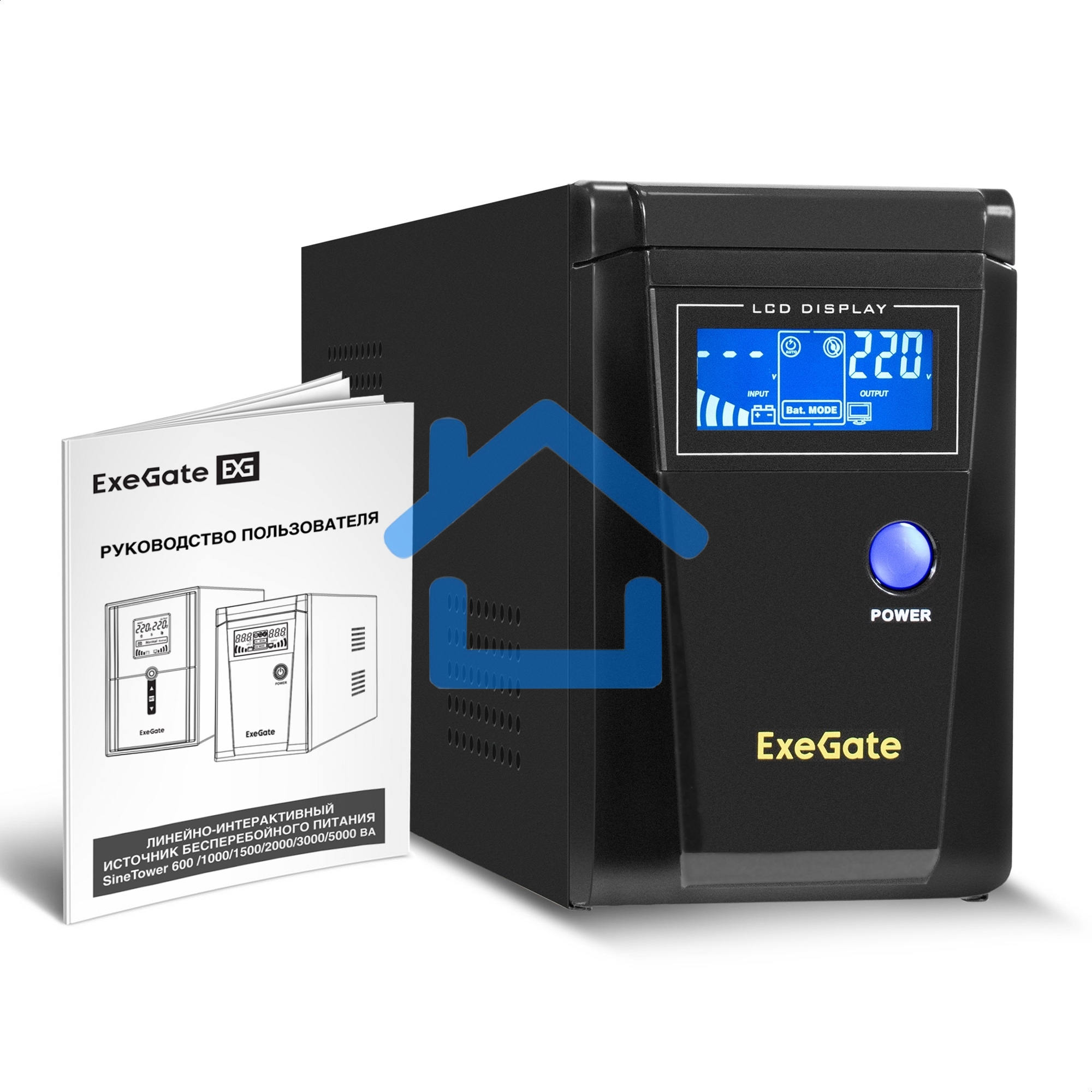 Источник бесперебойного питания (инвертор, синус, для котла) ExeGate SineTower SN-600.LCD.AVR.2SH <600VA/360W, чистая синусоида, LCD дисплей, AVR, 2*Schuko, линейно-интерактивный, черный>