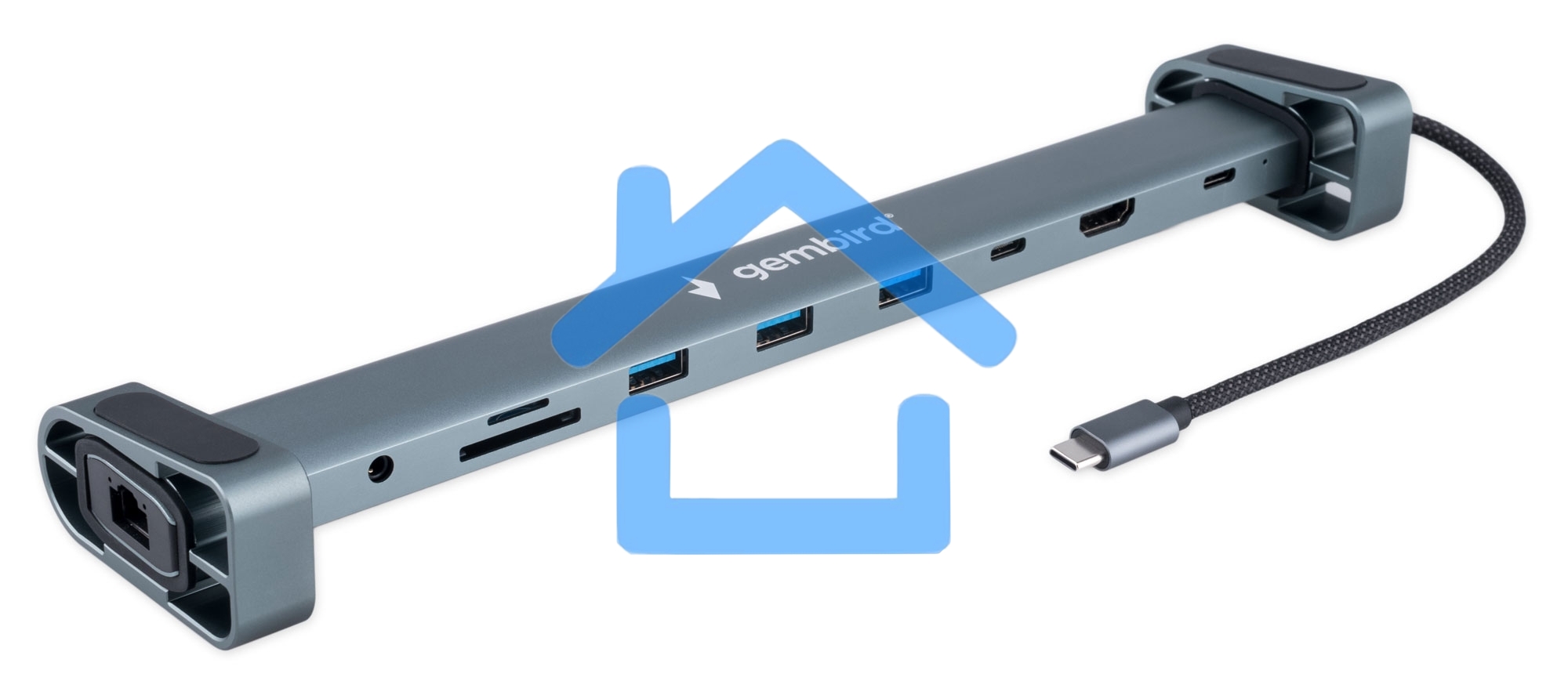Док-станция Type-C Gembird UHB-D5, 10в1: 3xUSB3.1, Type-C PD87W, Jack 3.5, SD/TF, HDMI, RJ45, Type-C, кабель 14см, алюминий