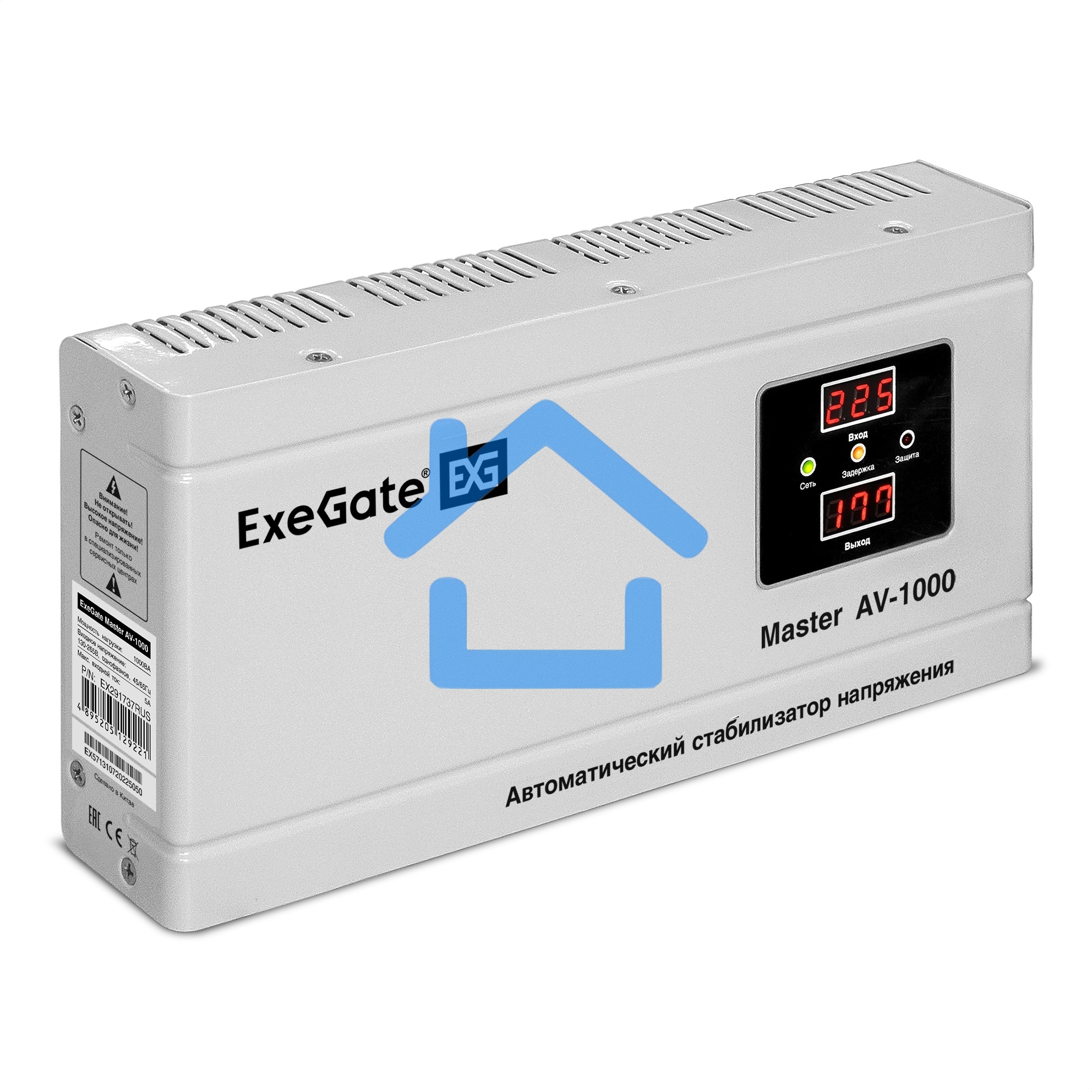 Стабилизатор напряжения ExeGate Master AV-1000 (1000ВА, 140-260В, цифр. индикация вход/вых. напряжения, 220В±8%, КПД 98%, 5 уровней защиты, задержка, метал.корпус, евророзетка, RTL)
