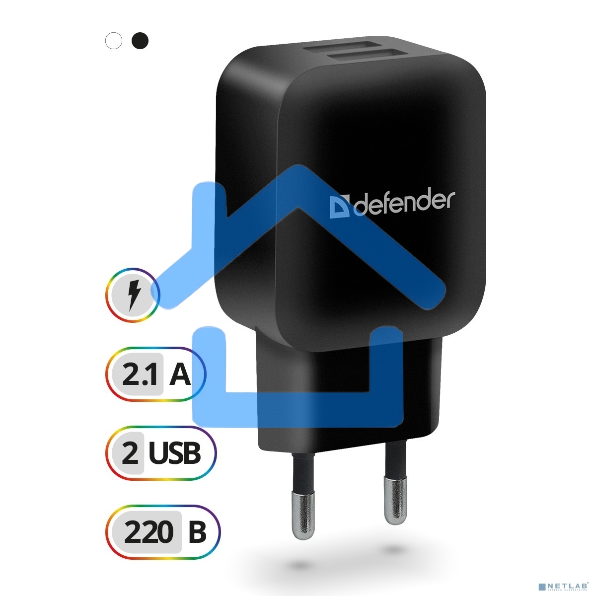 Сетевой адаптер Defender 2xUSB, 5V/2.1А, черный, пакет (EPA-13)