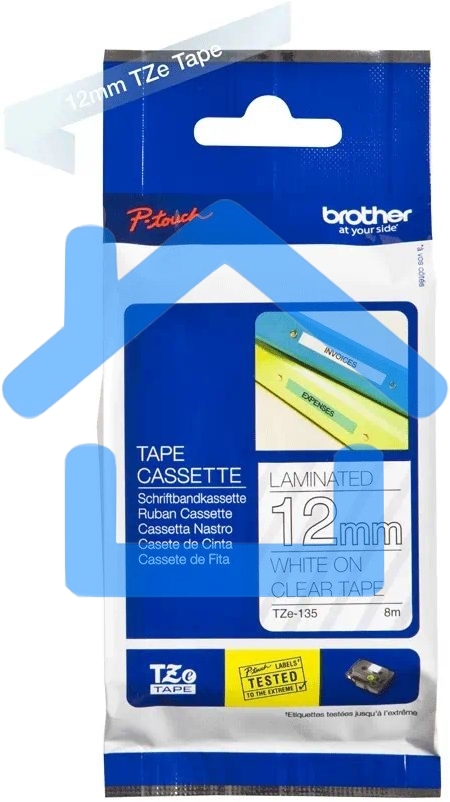 Картридж Brother TZ-E135 12 мм, белый шрифт, прозрачный фон, для BROTHER P-Touch