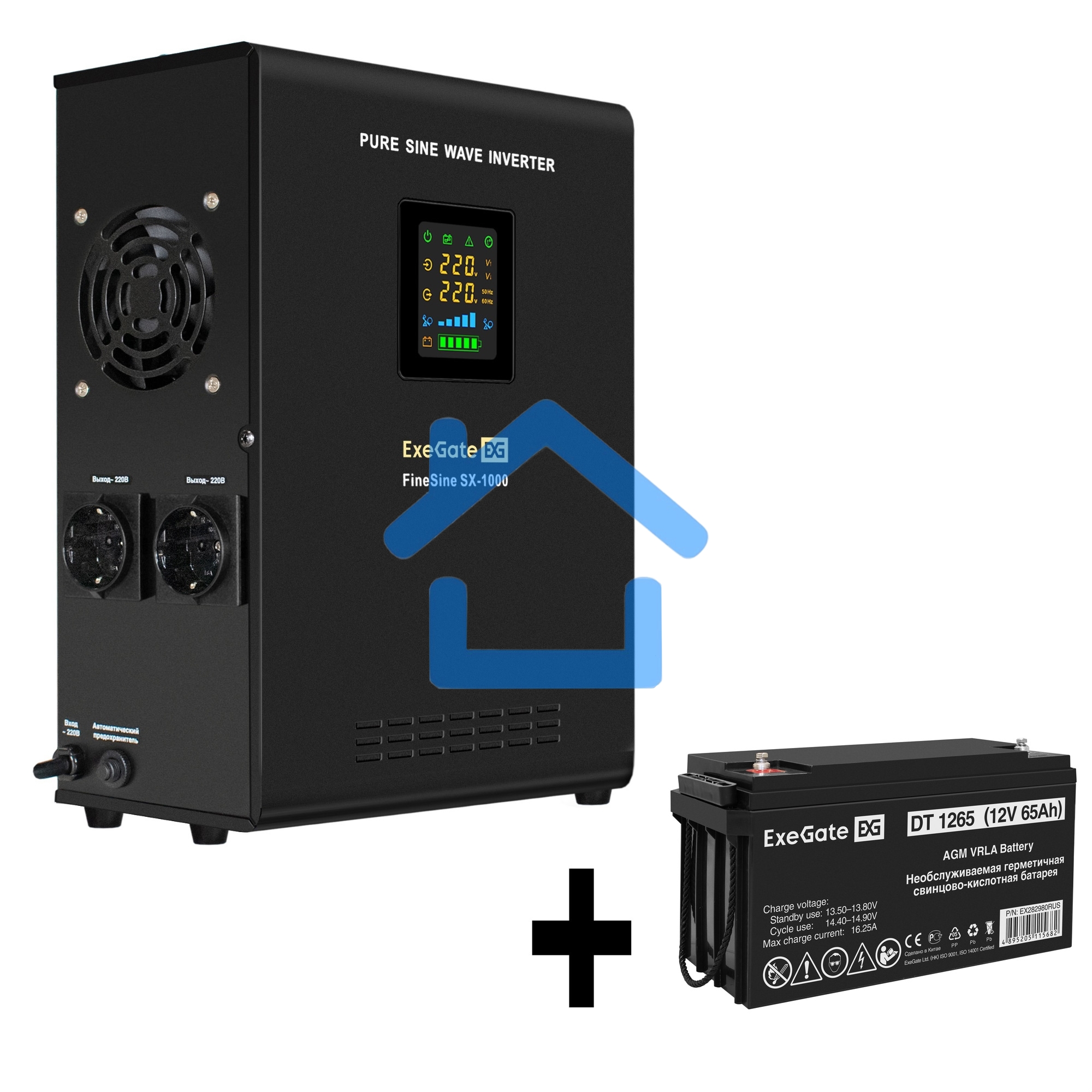 Комплект Источник бесперебойного питания EX295997RUS + батарея 65Aч EX282980RUS 1шт ExeGate FineSine SX-1000.LCD.AVR.2SH + батарея ExeGate DT 1265 (12В, 65Ач) 1шт