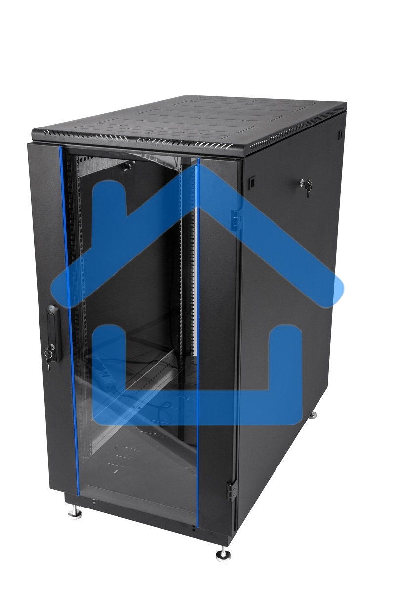 Шкаф коммутационный ЦМО ШТК-М-18.6.6-1ААА-9005 18U 600x600мм пер.дв.стекл задн.дв.стал.лист 2 бок.пан. направл.под закл.гайки 270кг черный