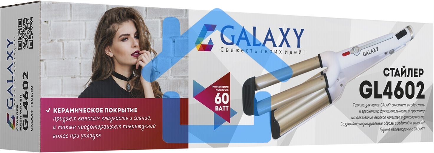 Стайлер GALAXY GL 4602 (Мощность 40Вт, максимальная температура 200^(o)С, нагревательный элемент с защитой от перегрева, два нагревательных элемента диаметром 16 мм, керамическое покрытие рабочих поверхностей, индикатор работы, вращающийся на 360^(o) град