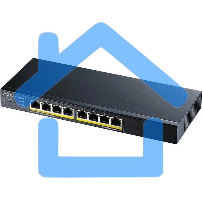 Коммутатор Smart L2 PoE+ Zyxel GS1900-8HP, 8xGE PoE+, настольный, бесшумный, бюджет PoE 70 Вт