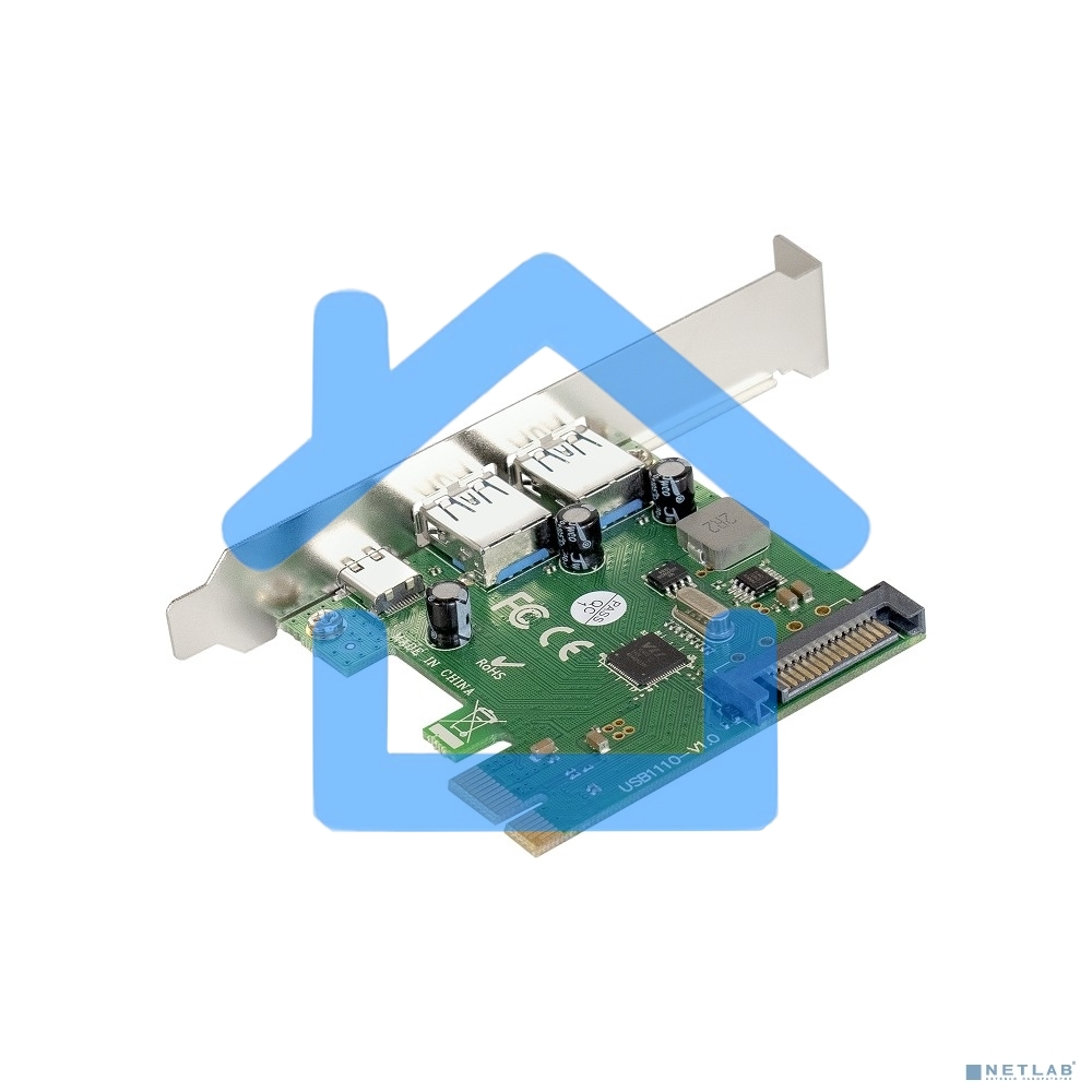 Контроллер ExeGate EXE-323 PCI-E 2.0, 2*USB 3.0 ext + 1*Type-C, разъем доп.питания (OEM)