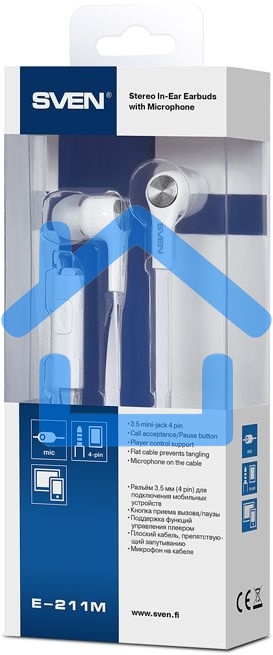 Наушники внутриканальные с микрофоном SVEN E-211Mбелый