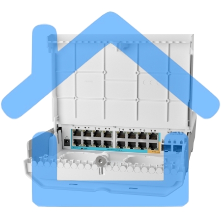 Коммутатор MikroTik netPower 15FR with 800MHz CPU, 256MB RAM, 16 x 10/100Mbps Ethernet ports (15 with Reverse POE-in, 1 with PoE-OUT), 2 x SFP, RouterOS L5 or SwitchOS (dual boot), outdoor enclosure, mounting ki