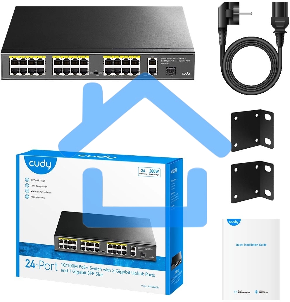 Коммутатор Cudy FS1026PS1, (L2) 24x100Мбит/с 2x1Gbит/с, 1SFP, 24PoE, 24PoE+ 300W, неуправляемый