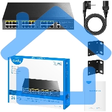 Коммутатор Cudy FS1026PS1, (L2) 24x100Мбит/с 2x1Gbит/с, 1SFP, 24PoE, 24PoE+ 300W, неуправляемый