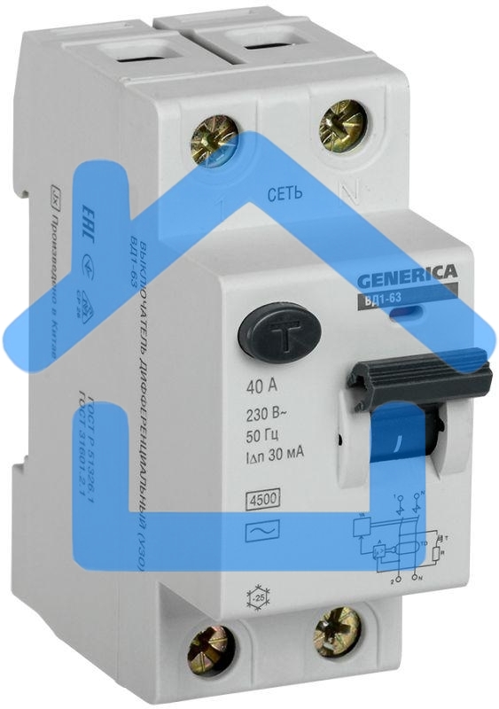 Выключатель дифференциального тока (УЗО) 2п 40А 30мА тип AC ВД1-63 GENERICA ИЭК MDV15-2-040-030