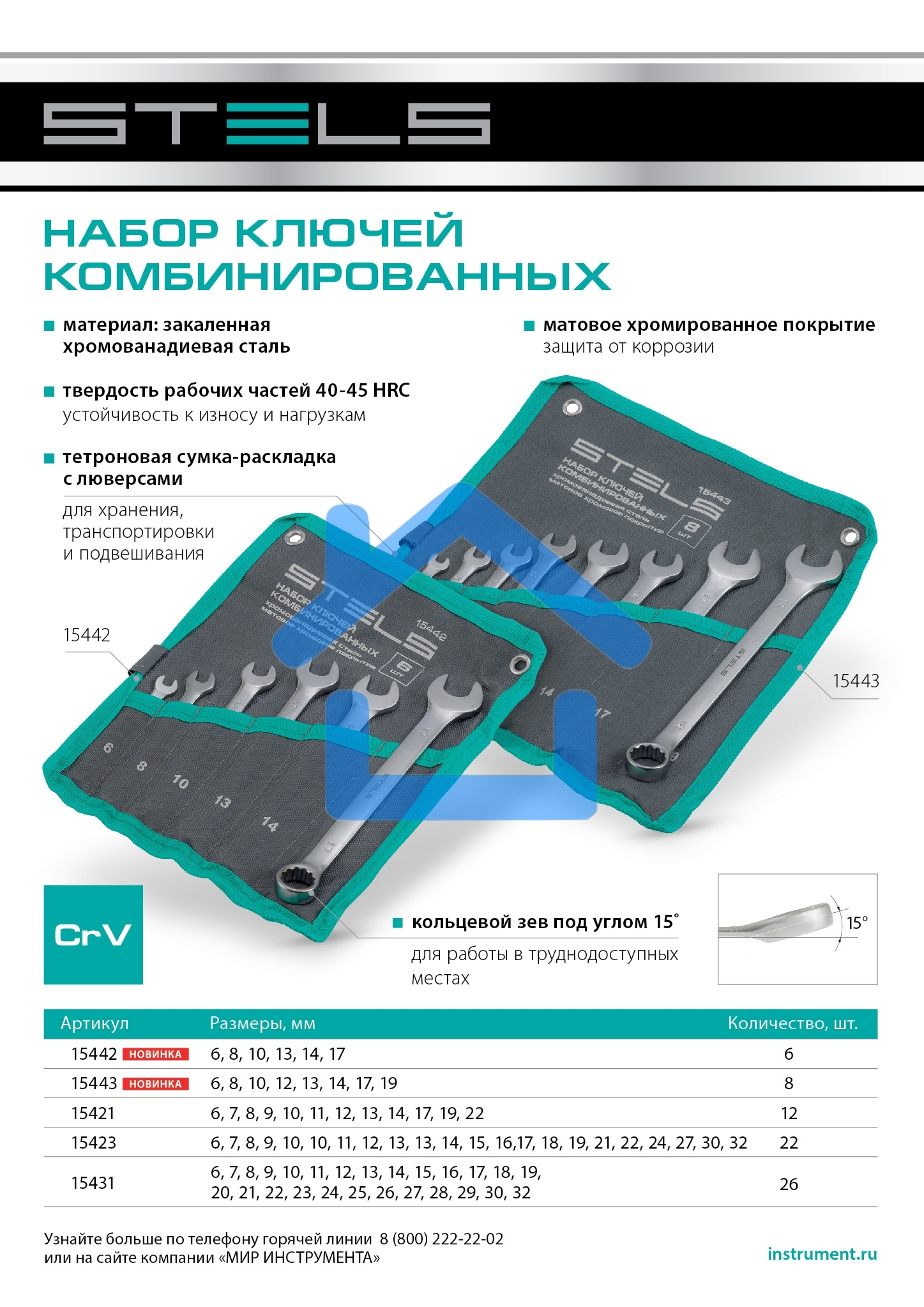 Набор ключей комбинированных 6-19 мм, 8 шт., CrV, матовый хром Stels