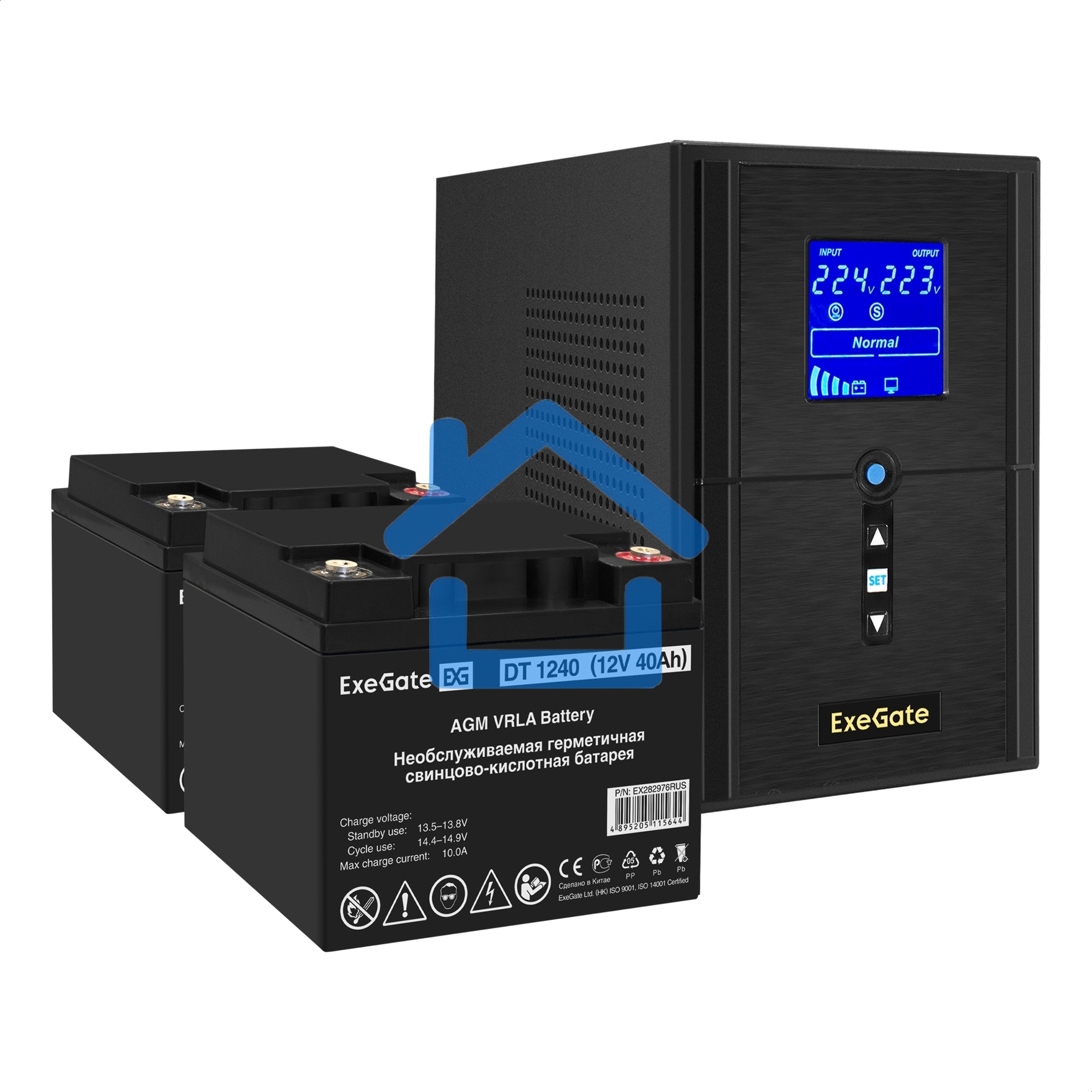 Комплект ИБП EX295987RUS + батарея 40Aч EX282976RUS 2шт (инвертор, синус, для котла) ExeGate SineTower SZ-1000.LCD.AVR.2SH.1C13.USB <1000VA/800W, чистый синусоида, LCD дисплей, AVR, 2*Schuko+1*C13, USB, линейно-интерактивный, черный> + батарея ExeGate DT 