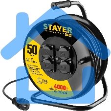 Удлинитель силовой Stayer 55076-50 3x2.5кв.мм 4розет. 50м КГ катушка черный