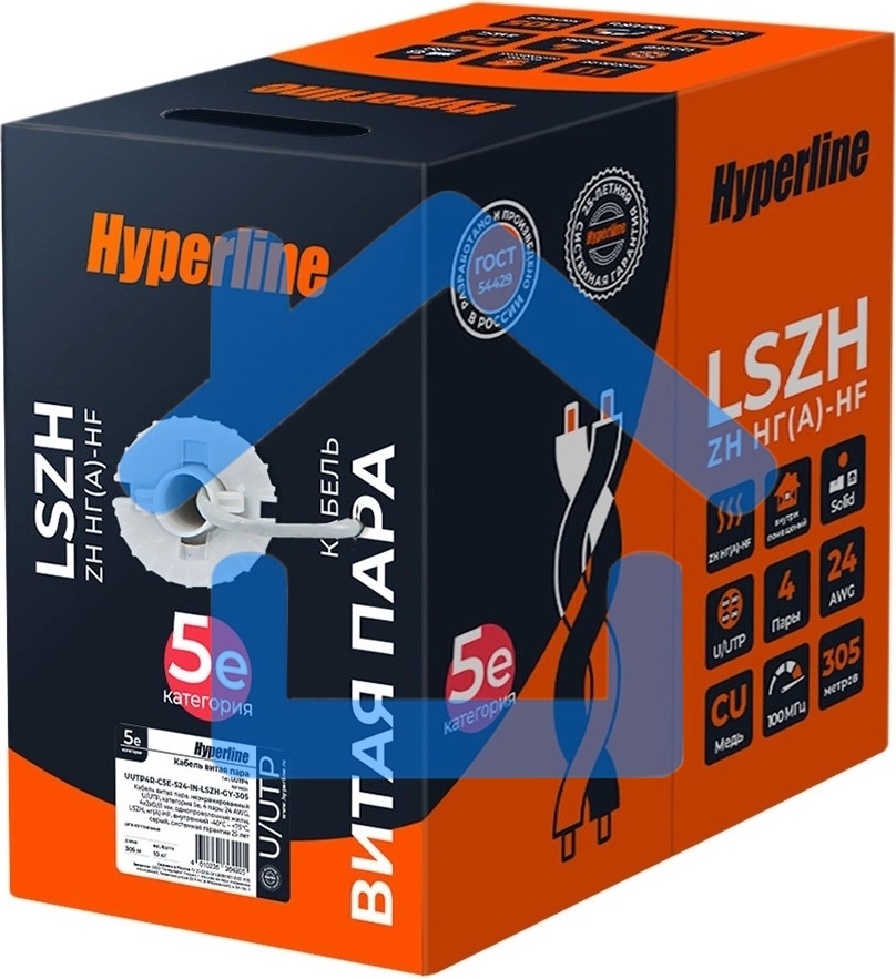 Кабель информационный Hyperline UUTP4R-C5E-S24-IN-LSZH-GY-305 кат.5E UTP 4 пары 24AWG LSZH внутренний 305м серый