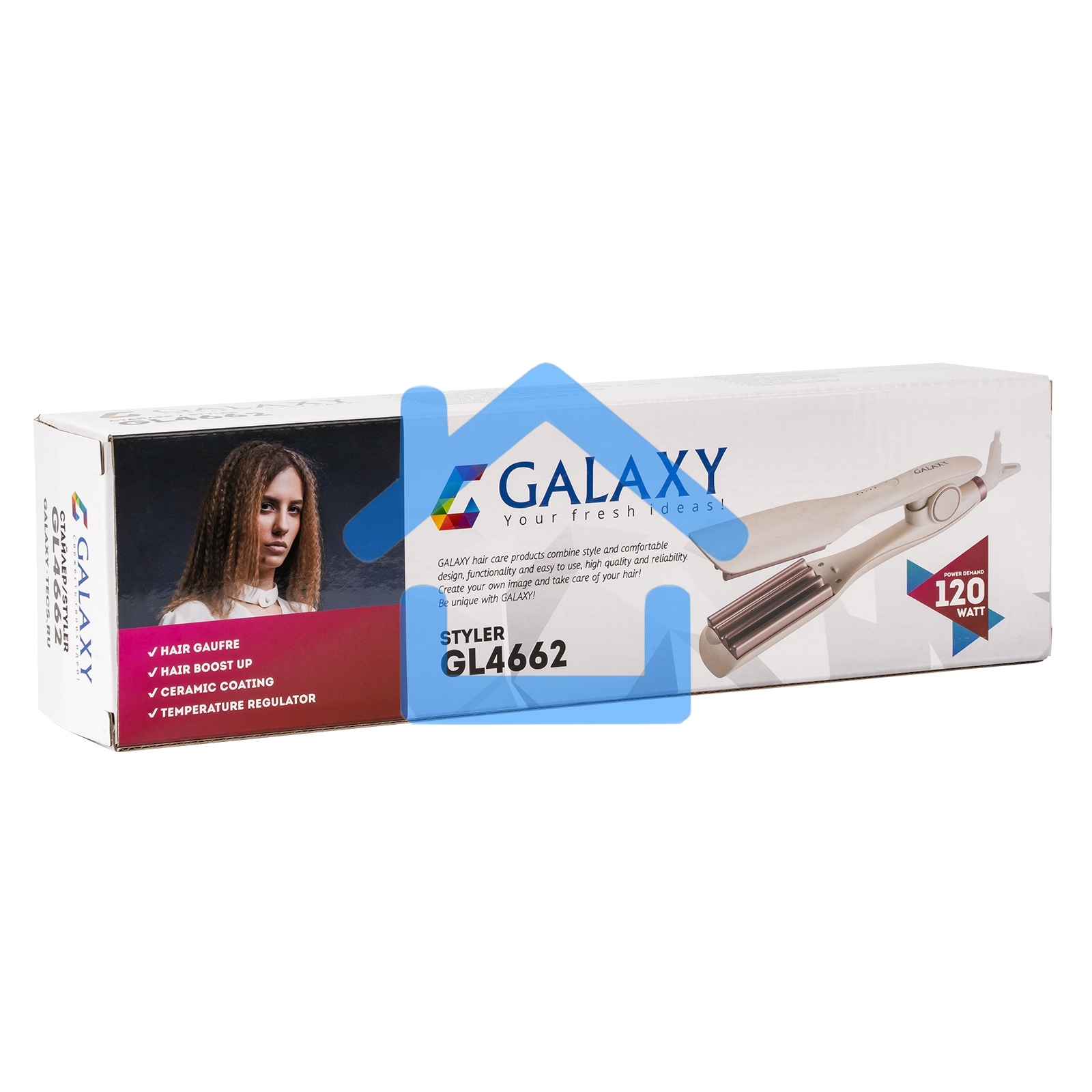 Стайлер Galaxy Line GL 4662, бежевый, 120 Вт, нагревательный элемент с защитой от перегрева, регулятор температуры (140-220°C), автоотключение через 1 час работы, керамическое покрытие рабочих поверхностей, длина шнура питания 180 см, подвесная петля