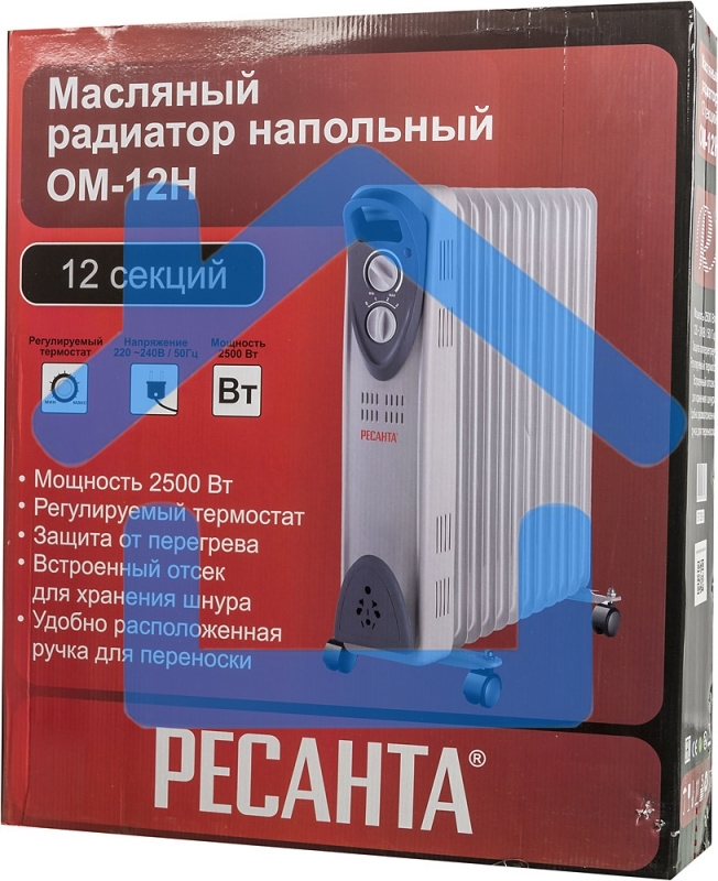 Обогреватель масляный Ресанта ОМ-12Н (11 секций) белый, 2500 Вт, 25 м2, термостат