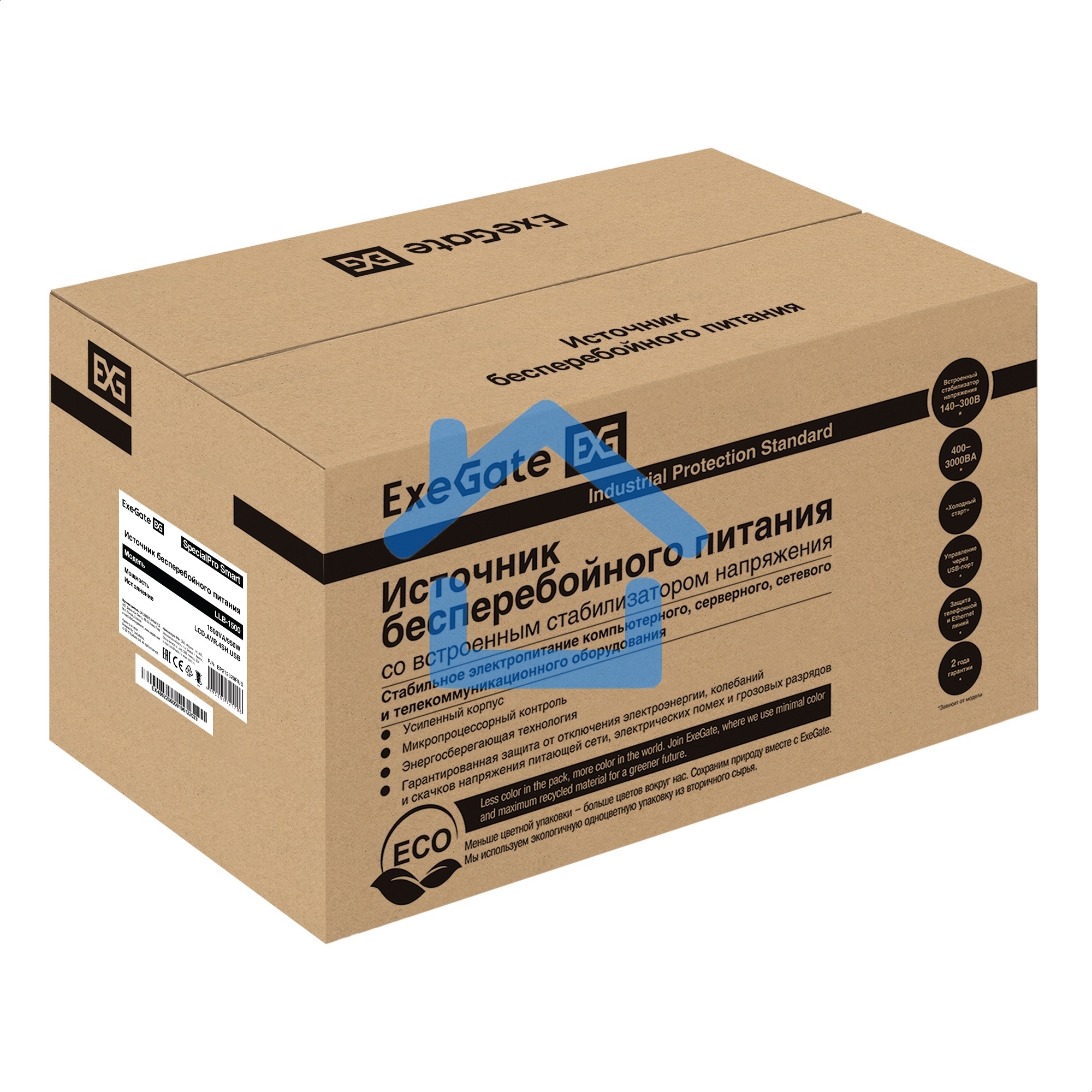 Источник бесперебойного питания ExeGate SpecialPro Smart LLB-1500.LCD.AVR.4SH.USB 1500VA/950W, LCD, AVR, 4*Schuko, USB, черный