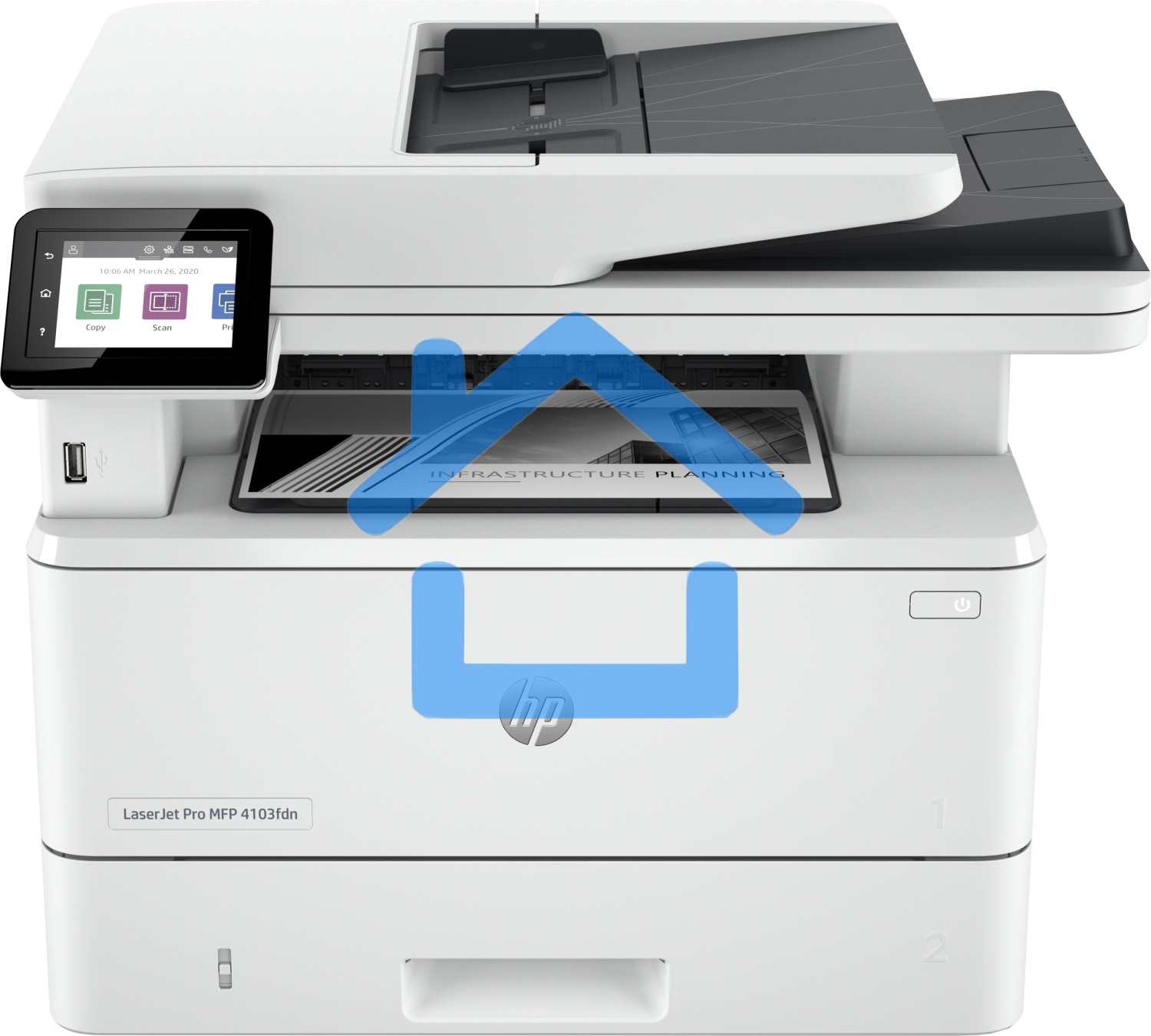 МФУ лазерное HP LaserJet Pro 4103fdn (2Z628A), A4, ч/б, печ. до 40 стр/мин., скан. до 29 стр/мин. (ч/б) 20 стр/мин. (цвет), 1200 x 1200 dpi, USB, RJ-45, Air Print, Mopria