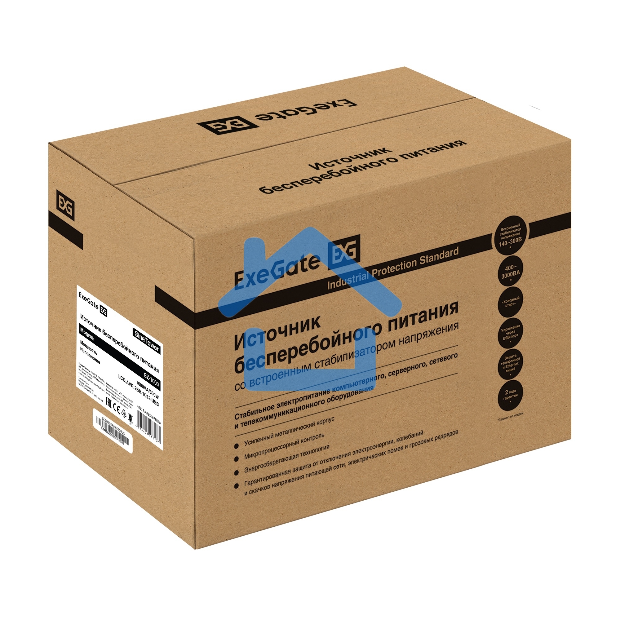 Комплект ИБП EX295987RUS + батарея 40Aч EX282976RUS 2шт (инвертор, синус, для котла) ExeGate SineTower SZ-1000.LCD.AVR.2SH.1C13.USB <1000VA/800W, чистый синусоида, LCD дисплей, AVR, 2*Schuko+1*C13, USB, линейно-интерактивный, черный> + батарея ExeGate DT 
