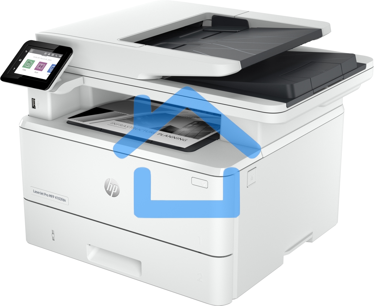 МФУ лазерное HP LaserJet Pro 4103fdn (2Z628A), A4, ч/б, печ. до 40 стр/мин., скан. до 29 стр/мин. (ч/б) 20 стр/мин. (цвет), 1200 x 1200 dpi, USB, RJ-45, Air Print, Mopria