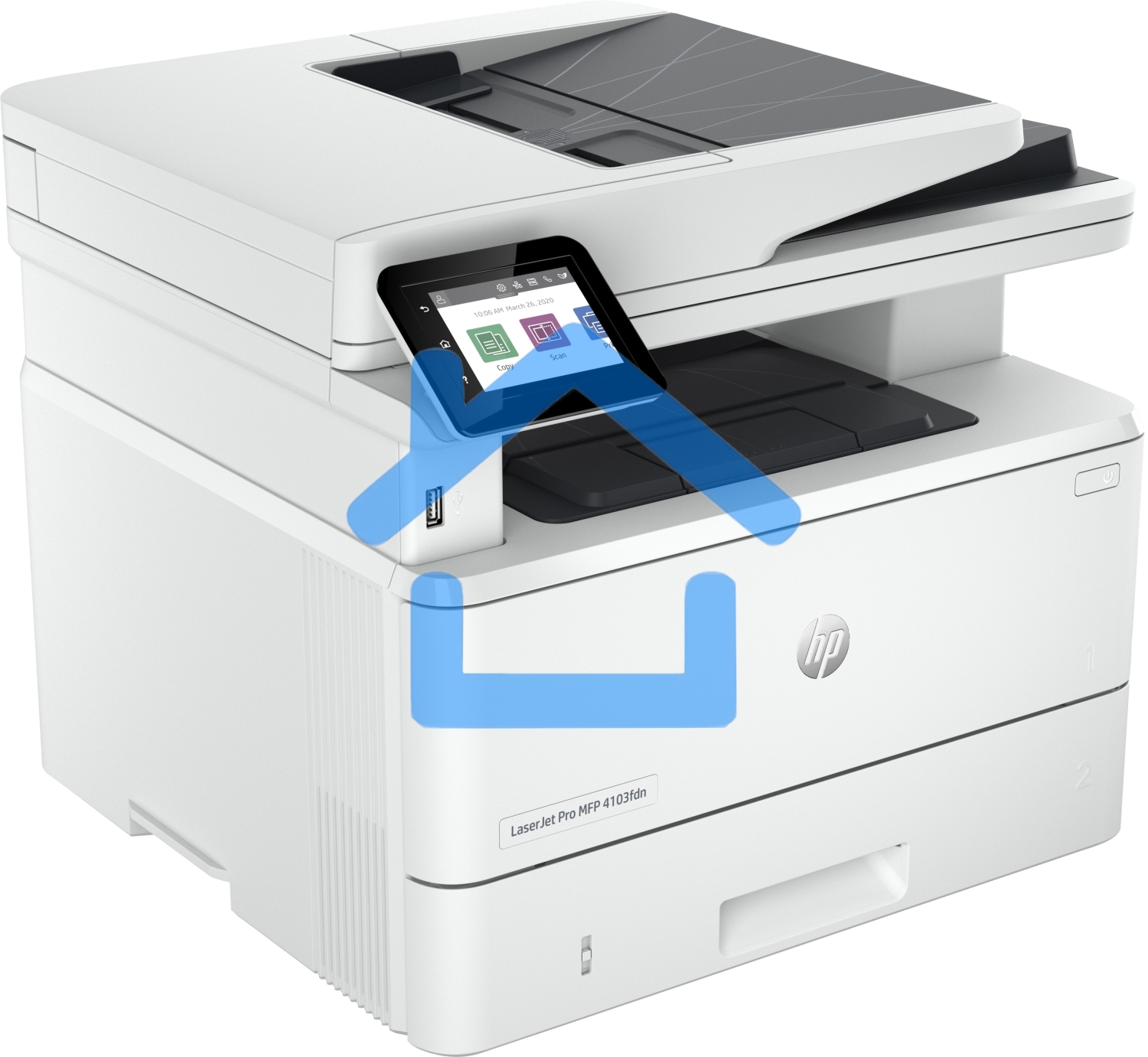 МФУ лазерное HP LaserJet Pro 4103fdn (2Z628A), A4, ч/б, печ. до 40 стр/мин., скан. до 29 стр/мин. (ч/б) 20 стр/мин. (цвет), 1200 x 1200 dpi, USB, RJ-45, Air Print, Mopria