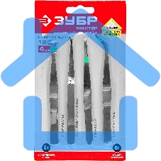 Набор ЗУБР 22215-H4: Пинцеты, нержавеющая сталь, прямой, заостренные губки, изогнутый, самозажимной прямой, плоские и широкие губки, 120мм