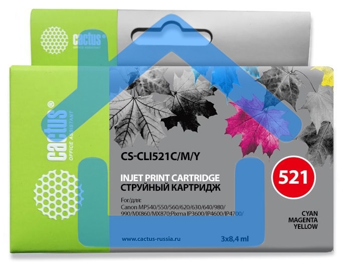 Картридж струйный Cactus CS-CLI521C/M/Y трехцветный (3 x 8,4 мл) для Canon Pixma iP3600/iP4600/iP4700/MP540/MP550/MP560/MP620/MP630/MP640/MP980/MP990/MX860/MX870