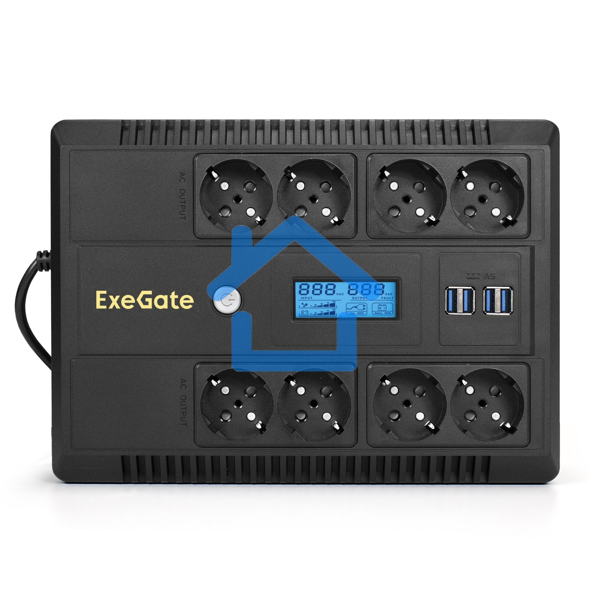 Источник бесперебойного питания ExeGate NEO Smart LHB-800.LCD.AVR.8SH.CH.RJ.USB 800VA/480W, LCD, AVR, 8*Schuko, USB, 4*USB-порта для зарядки, черный