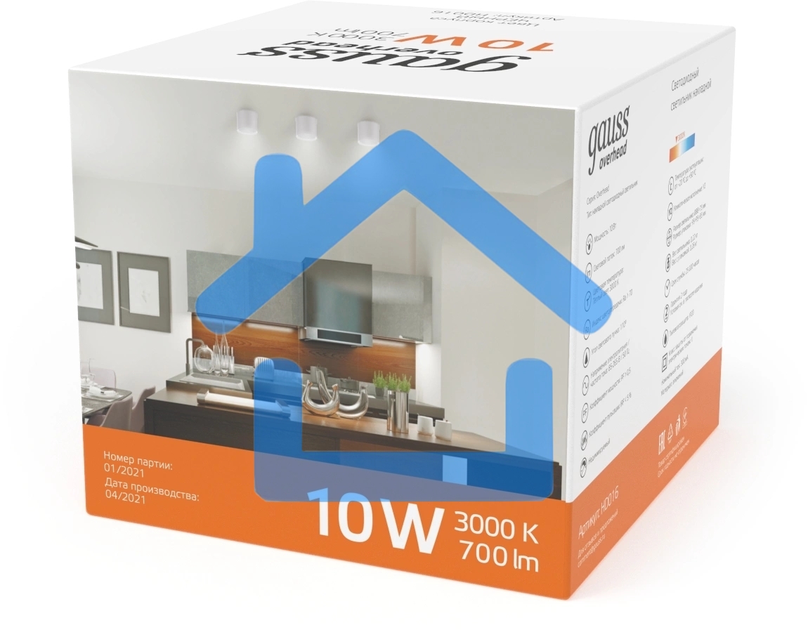 Светильник GAUSS HD025 led накладной с рассеивателем 10w белый 3000k 88х75мм 1/30