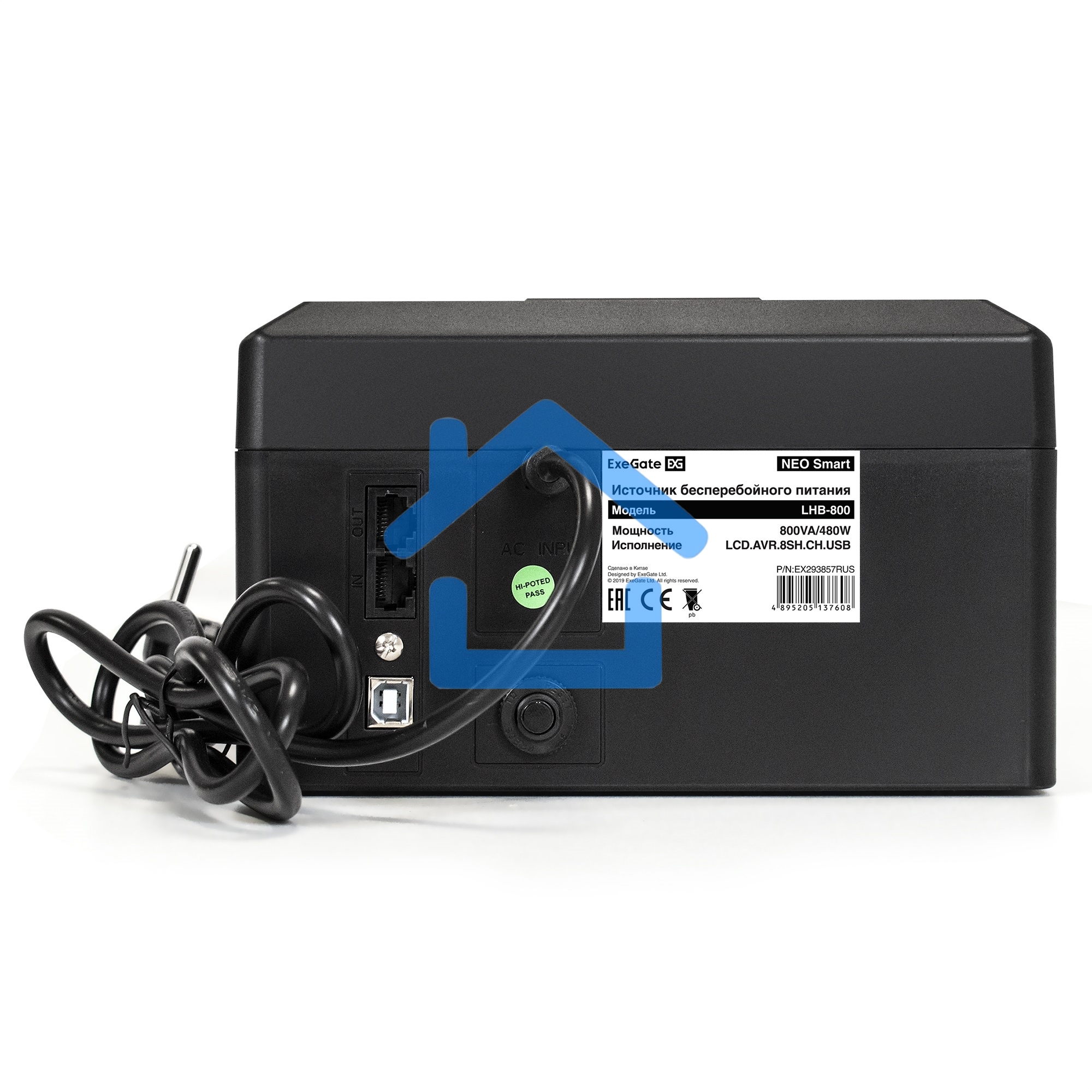 Источник бесперебойного питания ExeGate NEO Smart LHB-800.LCD.AVR.8SH.CH.RJ.USB 800VA/480W, LCD, AVR, 8*Schuko, USB, 4*USB-порта для зарядки, черный