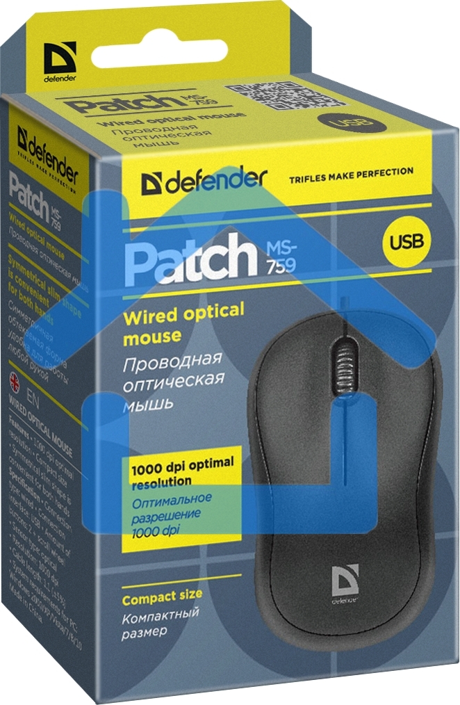 Мышь проводная Defender Patch MS-759 черный, 1000 dpi, USB, кнопки - 3