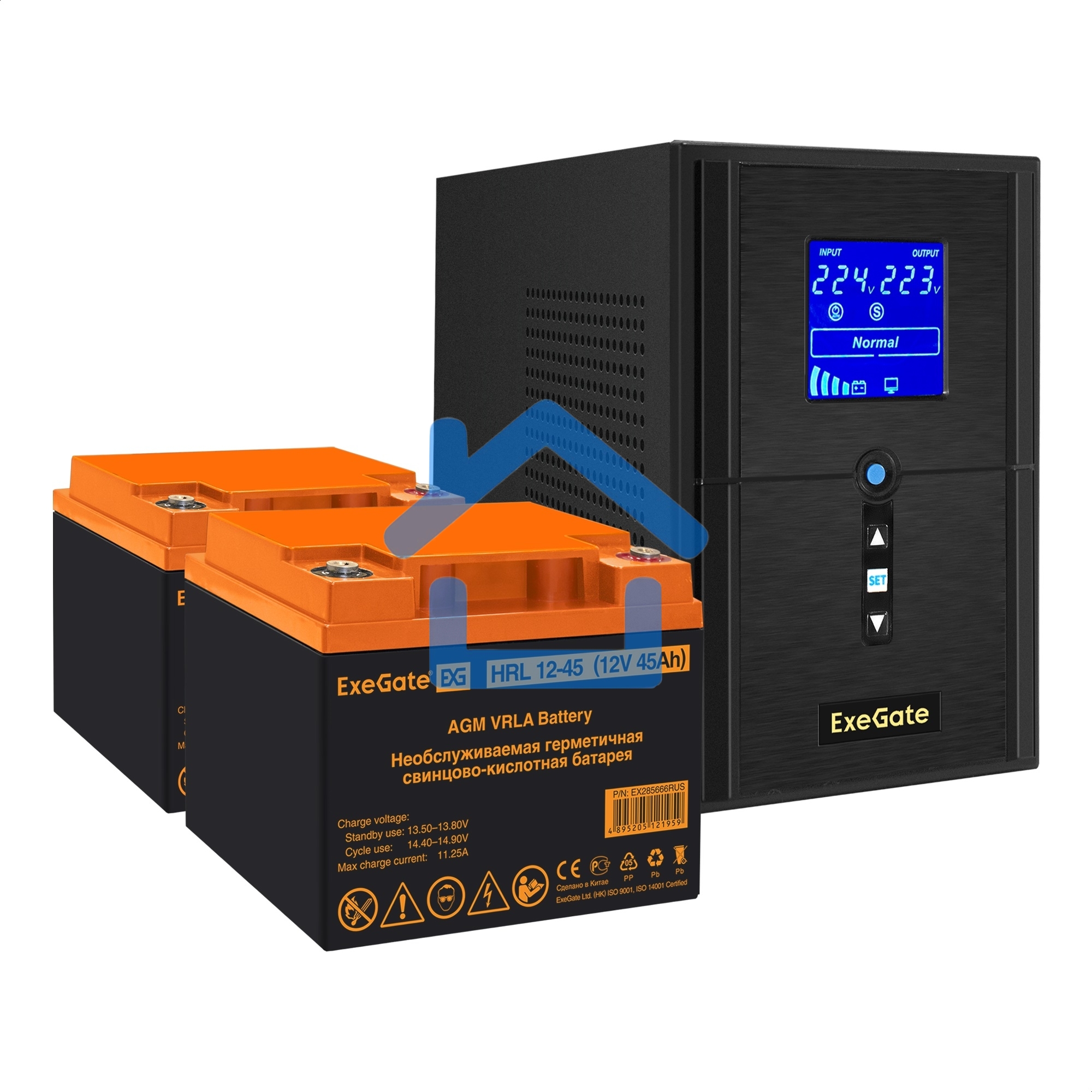 Комплект ИБП EX295987RUS + батарея 45Aч EX285666RUS 2шт (инвертор, синус, для котла) ExeGate SineTower SZ-1000.LCD.AVR.2SH.1C13.USB <1000VA/800W, чистый синусоида, LCD дисплей, AVR, 2*Schuko+1*C13, USB, линейно-интерактивный, черный> + батарея ExeGate HRL
