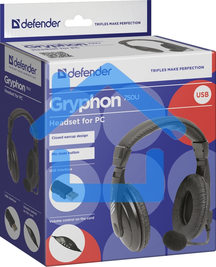 Гарнитура Defender Gryphon 750U USB, черный, 1.8м кабель
