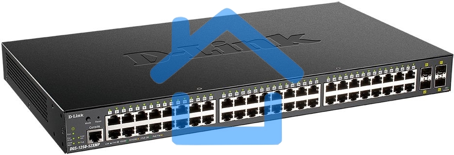 Коммутатор D-Link DGS-1250-52XMP/A1A, L2 Smart Switch with 48 10/100/1000Base-T ports and 4 10Gbase-X SFP+ ports (48 PoE ports 802.3af/802.3at (30 W), PoE Budget 370W).16K Mac address, 802.3x Flow Control, 4K