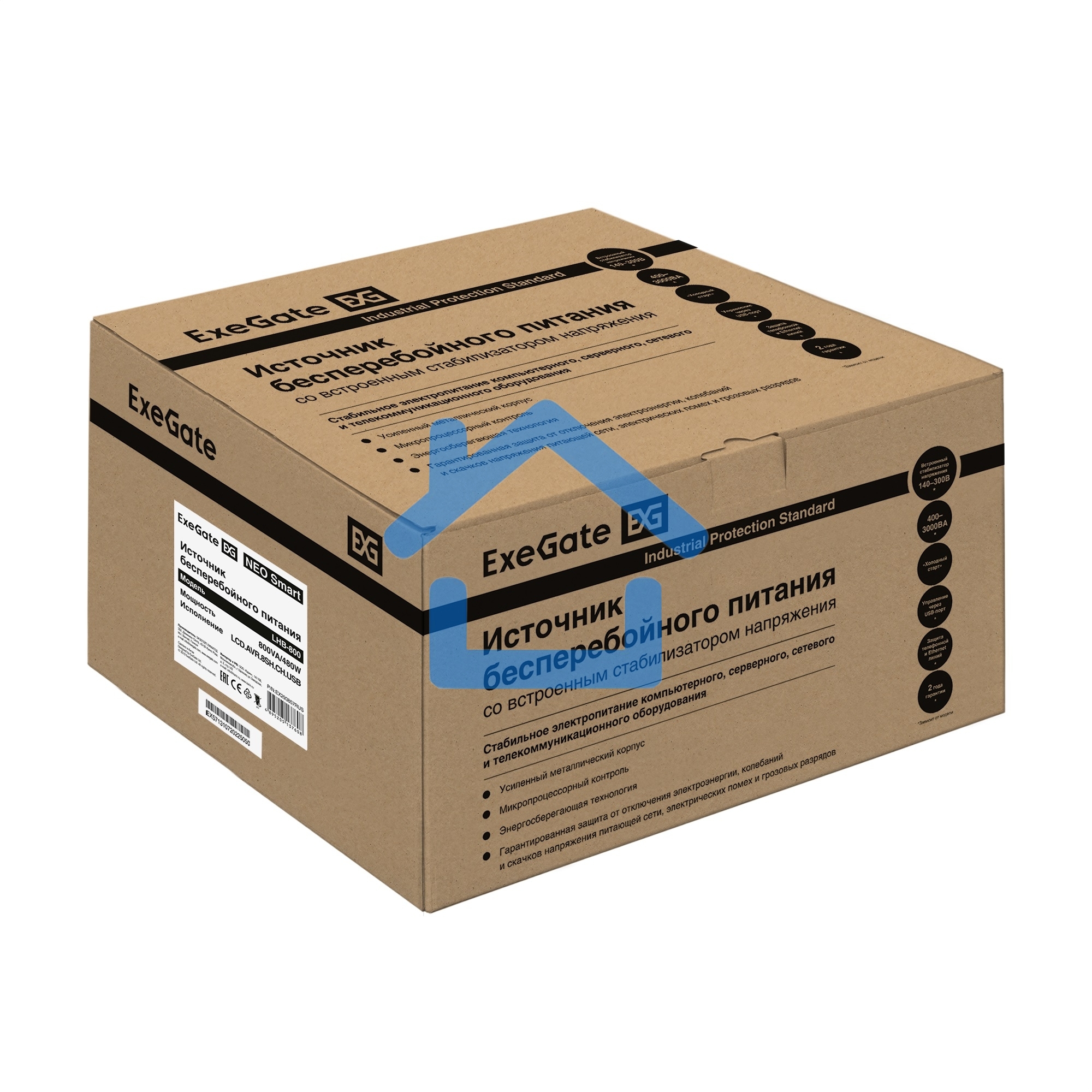 Источник бесперебойного питания ExeGate NEO Smart LHB-800.LCD.AVR.8SH.CH.RJ.USB 800VA/480W, LCD, AVR, 8*Schuko, USB, 4*USB-порта для зарядки, черный
