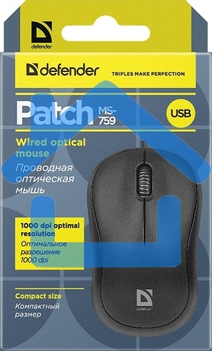 Мышь проводная Defender Patch MS-759 черный, 1000 dpi, USB, кнопки - 3