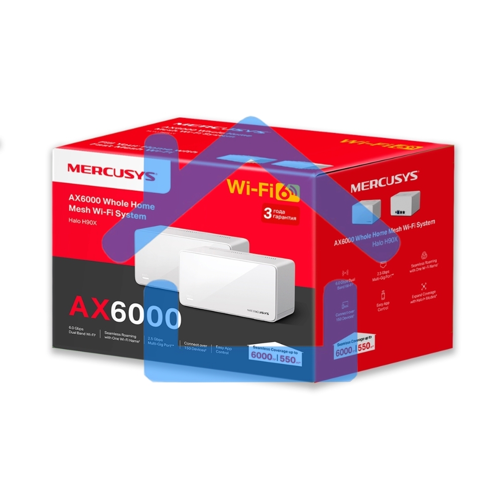 Домашняя Mesh Wi‑Fi система AX6000 Whole Home Mesh Wi-Fi 6 SystemSPEED: 1148 Mbps at 2.4 GHz + 4804 Mbps at 5 GHzSPEC: Internal Antennas, 1× 2.5 Gbps Port (WAN/LAN auto-sensing), 2× Gigabit Ports (WAN/LAN auto-sensing), 1024-QAM, OFDMA, HE160FEATURE: MERC