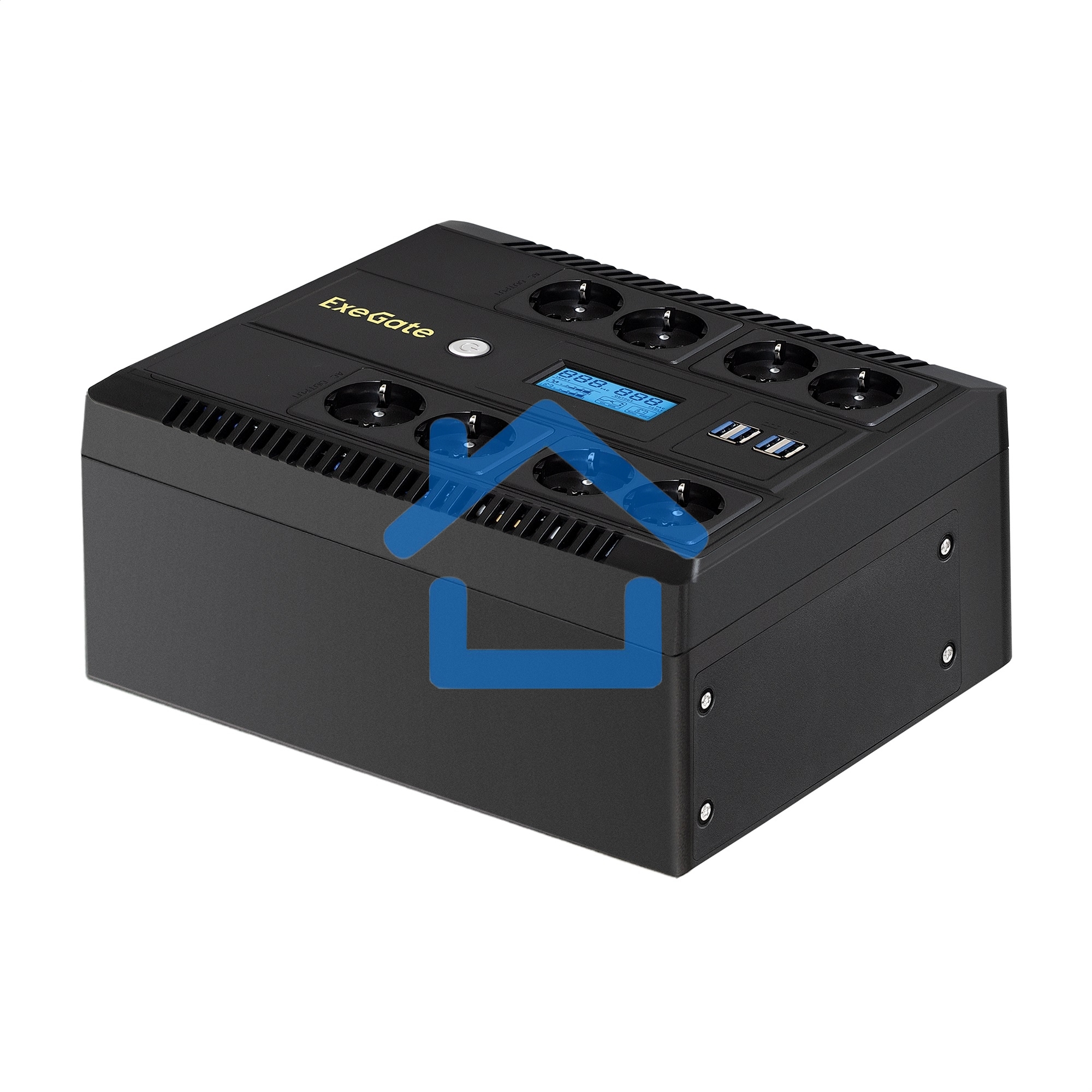 Источник бесперебойного питания ExeGate NEO Smart LHB-800.LCD.AVR.8SH.CH.RJ.USB 800VA/480W, LCD, AVR, 8*Schuko, USB, 4*USB-порта для зарядки, черный