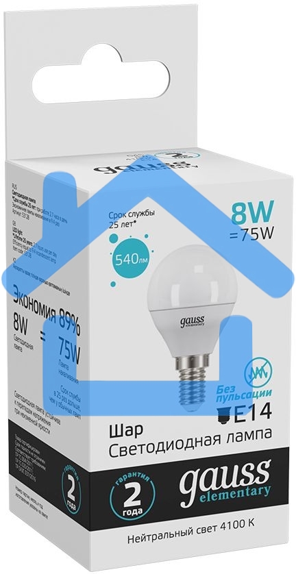 Лампа светодиодная LED 8Вт E14 220В 4100К Elementary шар 53128 Gauss