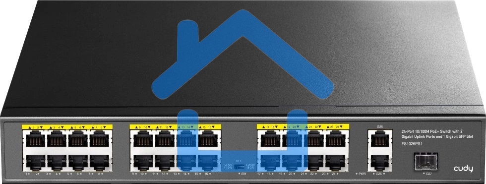 Коммутатор Cudy FS1026PS1, (L2) 24x100Мбит/с 2x1Gbит/с, 1SFP, 24PoE, 24PoE+ 300W, неуправляемый