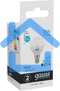 Лампа светодиодная LED Gauss 8Вт E14 220В 4100К Elementary шар 53128