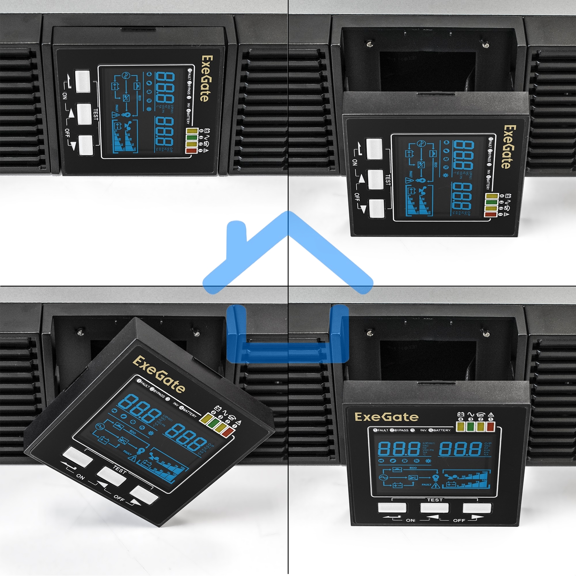 Источник бесперебойного питания On-line ExeGate PowerExpert ULS-575-10kVA.LCD.AVR.T.USB.RS232.SNMP.2U 10000VA/10000W, On-Line, PF=1, LCD, клеммы, RS232, USB, SNMP-slot, EPO, батареи внешние 192В/240В суммарной емкостью до 400Ah, Rackmount 2U/Tower, металл