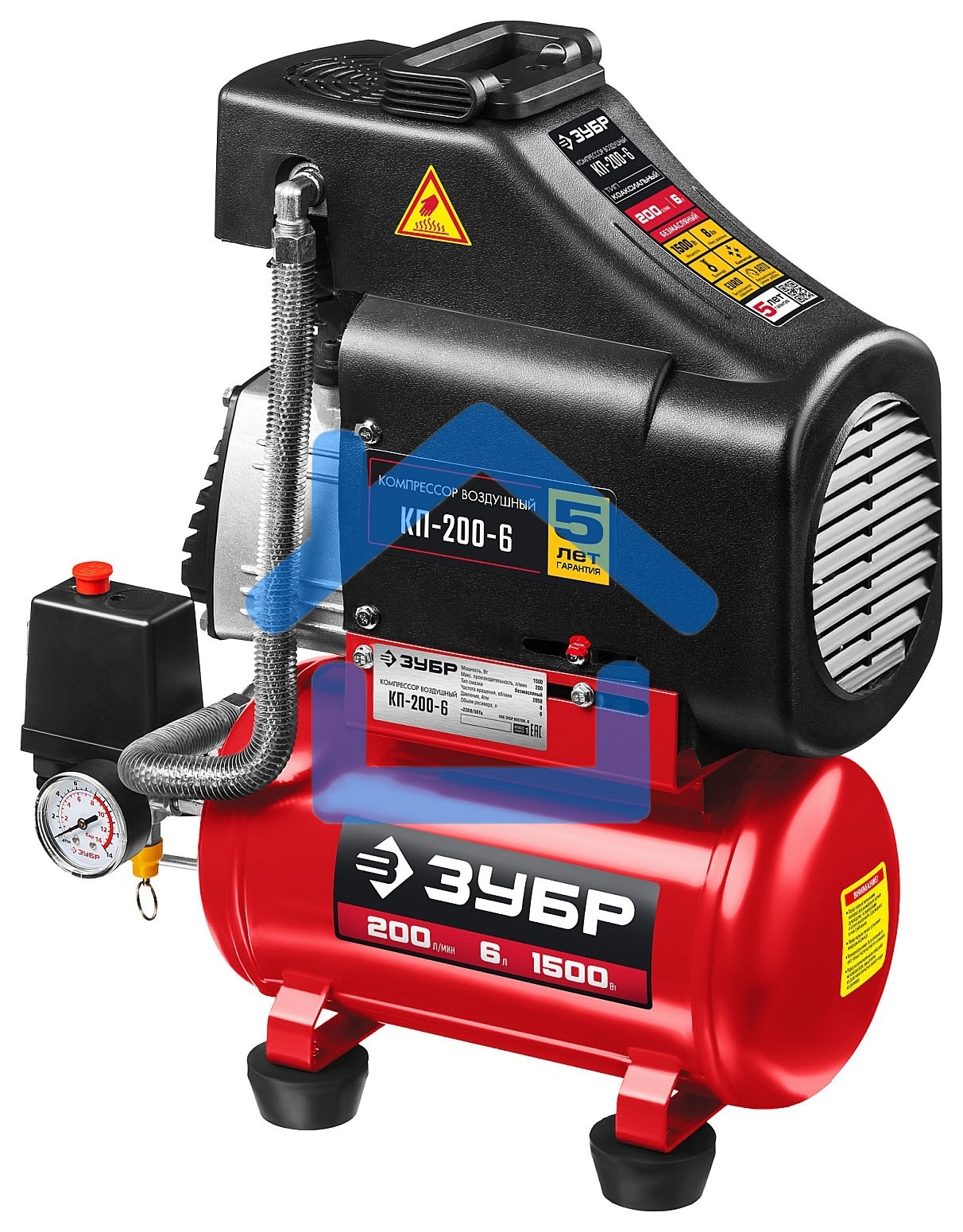 Компрессор воздушный безмасляный, 200 л/мин, 6 л, 1500 Вт, ЗУБР