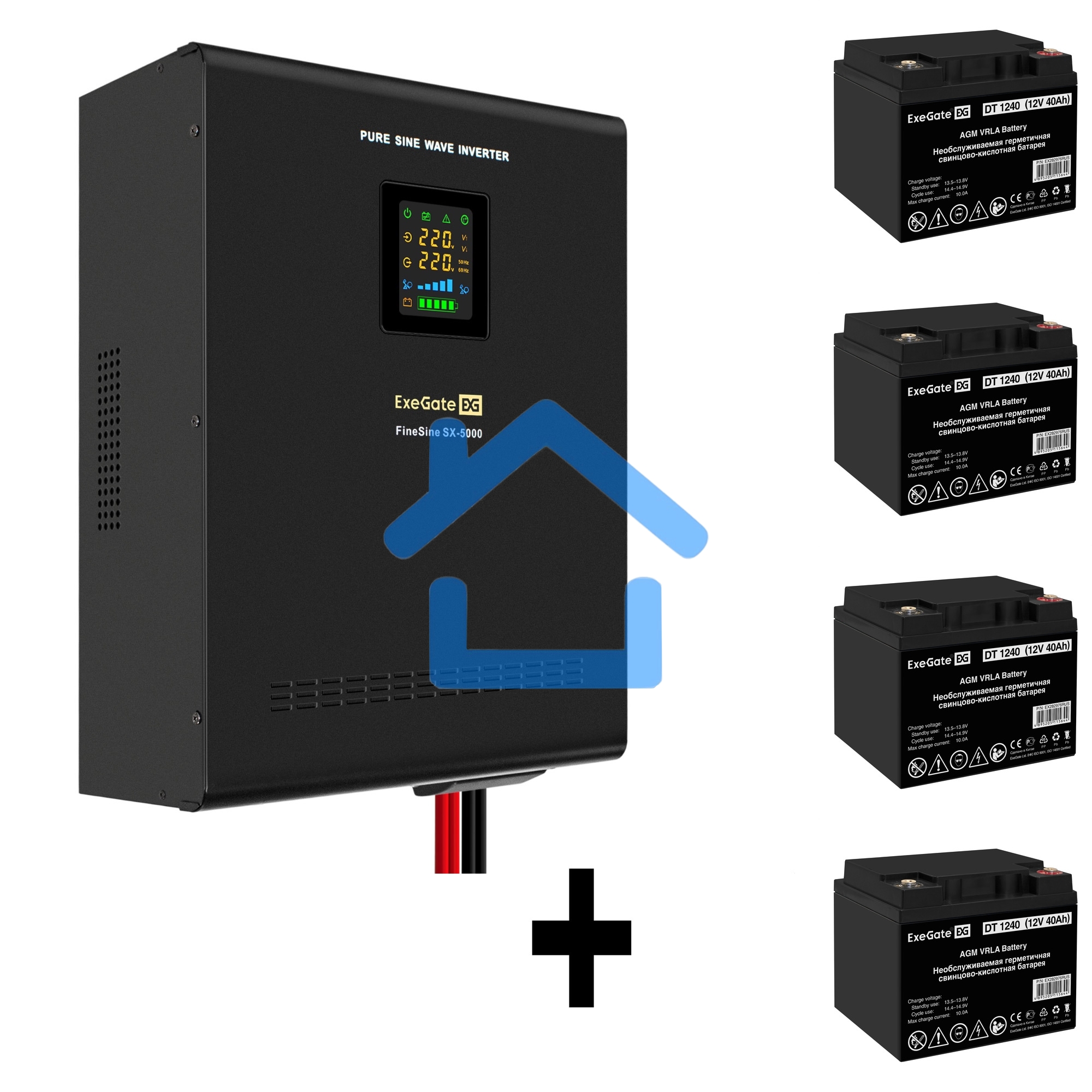 Комплект ИБП EX296004RUS + батарея 40Aч EX282976RUS 4шт (инвертор, синус, для котла, настенный) ExeGate FineSine SX-5000.LCD.AVR.2SH.T <5000VA/3500W, чистая синусоида, цветной LCD-дисплей, AVR, 2*Schuko+клеммы, линейно-интерактивный, крепление настенное, 